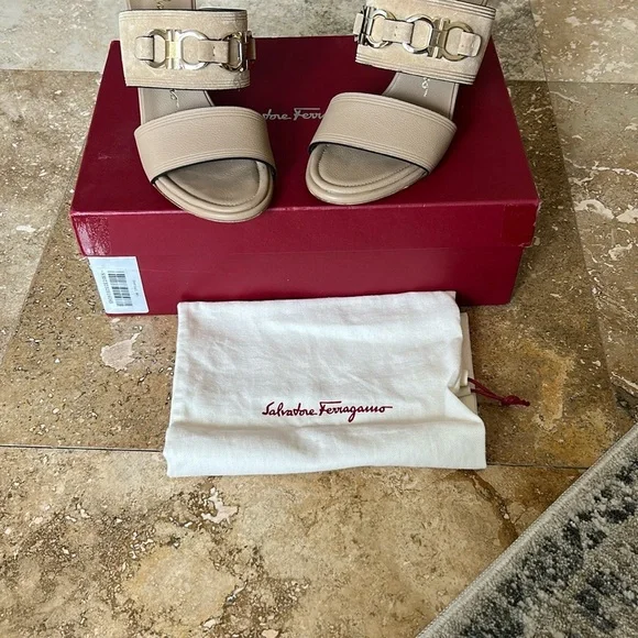 Salvatore Ferragamo Tan Slide Sandals with Metal Detail - Picture 13 of 13